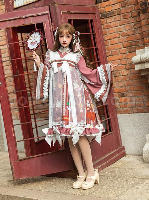 Chinese-Style-Chiffon-Ruffled-Pleats-Sweet-High-Waist-Tie-Rope--Puppy-Print-Bow-Knot-Decoration-Classic-Lolita-OP-Dress-Set-coscarnival-5223
