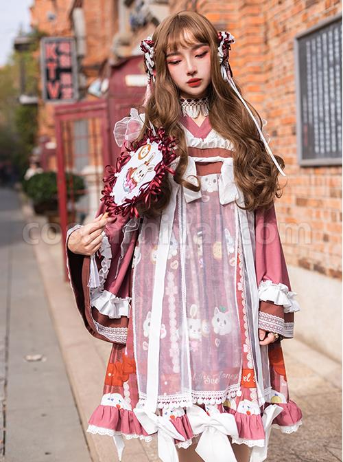 Chinese-Style-Chiffon-Ruffled-Pleats-Sweet-High-Waist-Tie-Rope--Puppy-Print-Bow-Knot-Decoration-Classic-Lolita-OP-Dress-Set-coscarnival-5227