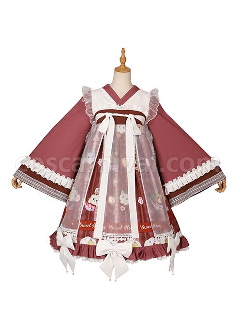Chinese-Style-Chiffon-Ruffled-Pleats-Sweet-High-Waist-Tie-Rope--Puppy-Print-Bow-Knot-Decoration-Classic-Lolita-OP-Dress-Set-coscarnival-5234