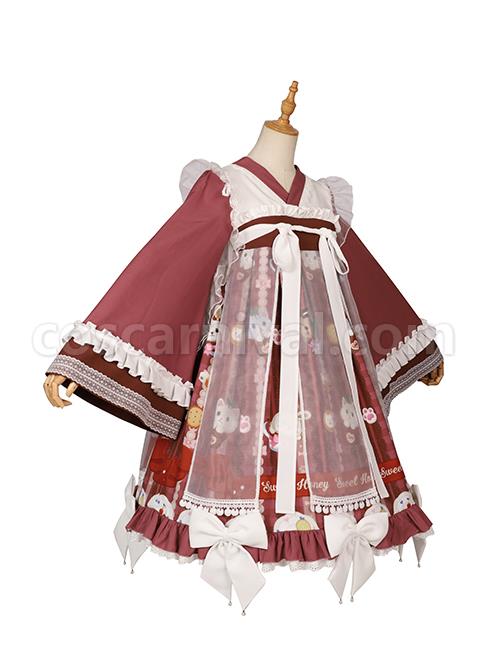 Chinese-Style-Chiffon-Ruffled-Pleats-Sweet-High-Waist-Tie-Rope--Puppy-Print-Bow-Knot-Decoration-Classic-Lolita-OP-Dress-Set-coscarnival-5240