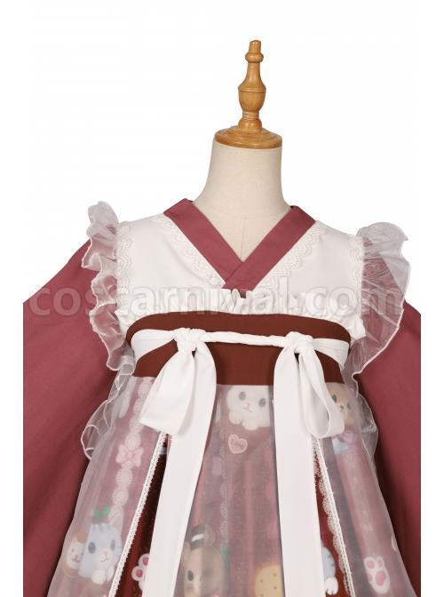Chinese-Style-Chiffon-Ruffled-Pleats-Sweet-High-Waist-Tie-Rope--Puppy-Print-Bow-Knot-Decoration-Classic-Lolita-OP-Dress-Set-coscarnival-5253