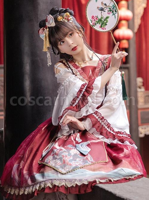 Chinese-Style-Daily-Hollow-Out-Trumpet-Sleeve-Printed-Lace-Ruffle-Hem-Classic-Lolita-Long-Sleeved-Dress-coscarnival-3355