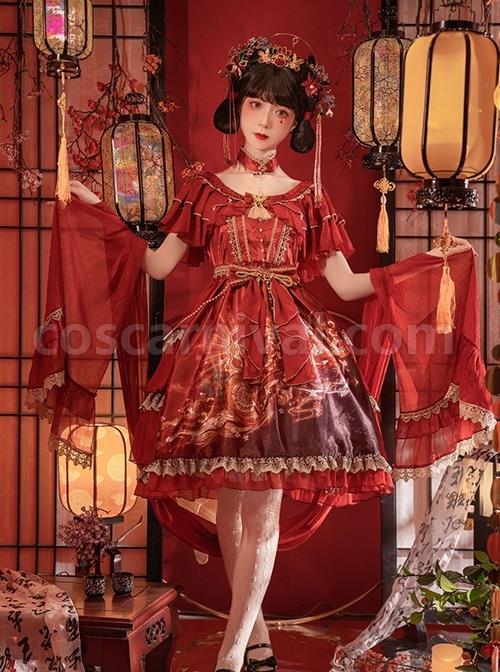 Chinese-Style-Printed-Red-Gold-Color-Lace-Ruffled-Classic-Lolita-Short-Sleeve-Dress-coscarnival-3255