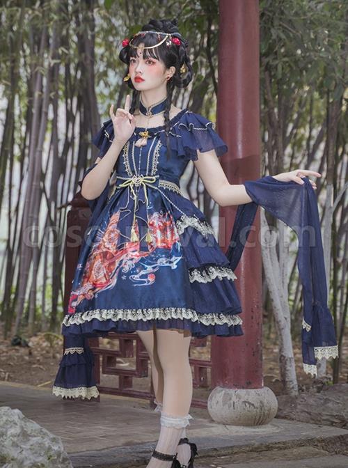 Chinese-Style-Printed-Red-Gold-Color-Lace-Ruffled-Classic-Lolita-Short-Sleeve-Dress-coscarnival-3276