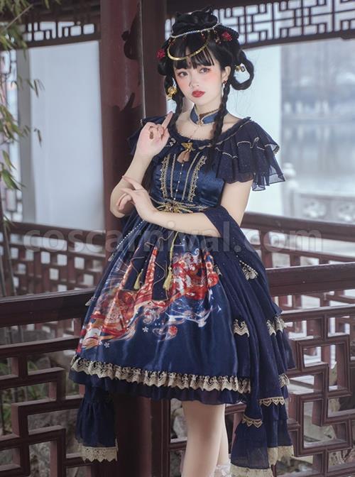 Chinese-Style-Printed-Red-Gold-Color-Lace-Ruffled-Classic-Lolita-Short-Sleeve-Dress-coscarnival-3282