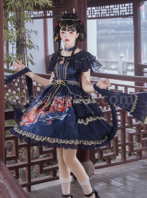 Chinese-Style-Printed-Red-Gold-Color-Lace-Ruffled-Classic-Lolita-Short-Sleeve-Dress-coscarnival-3289