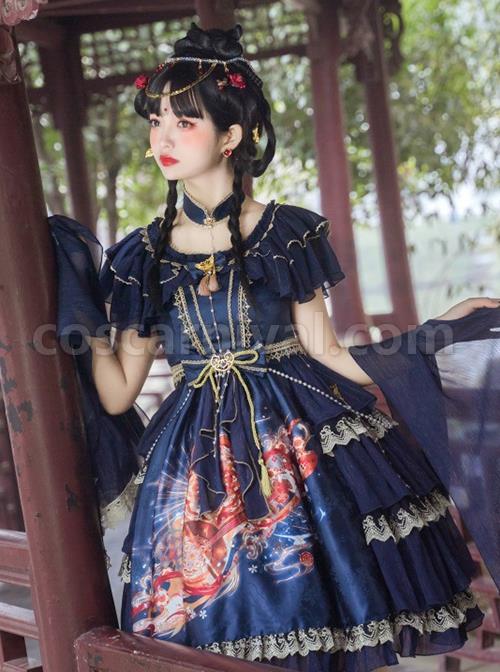 Chinese-Style-Printed-Red-Gold-Color-Lace-Ruffled-Classic-Lolita-Short-Sleeve-Dress-coscarnival-3300