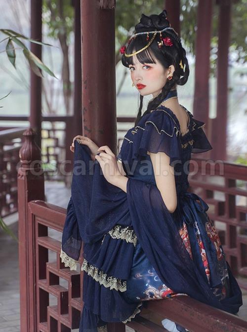 Chinese-Style-Printed-Red-Gold-Color-Lace-Ruffled-Classic-Lolita-Short-Sleeve-Dress-coscarnival-3307