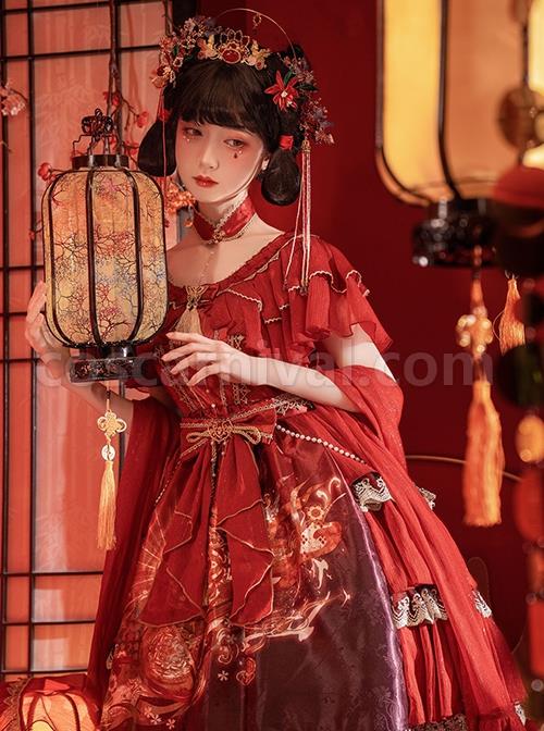 Chinese-Style-Printed-Red-Gold-Color-Lace-Ruffled-Classic-Lolita-Short-Sleeve-Dress-coscarnival-3311