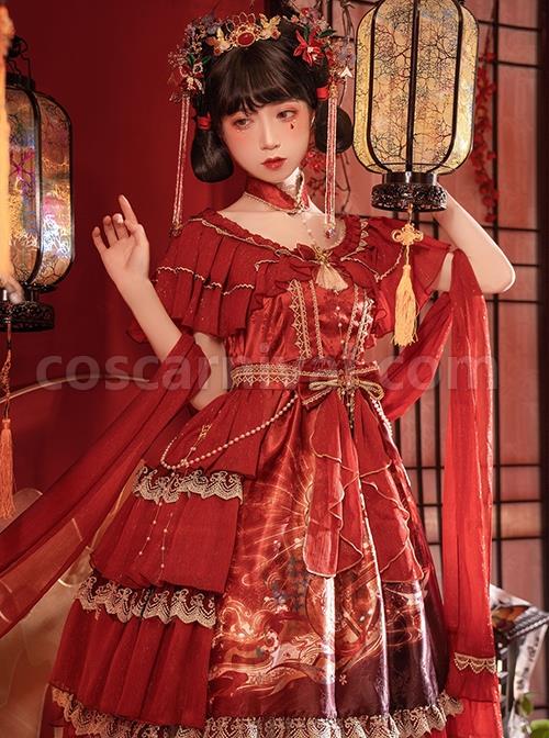 Chinese-Style-Printed-Red-Gold-Color-Lace-Ruffled-Classic-Lolita-Short-Sleeve-Dress-coscarnival-3317
