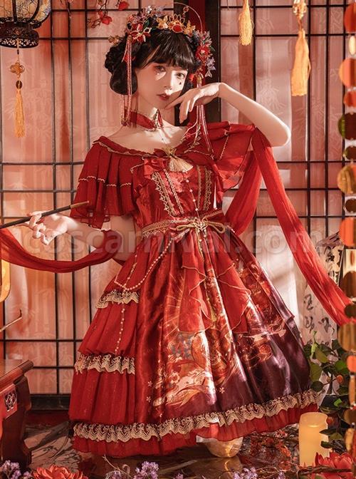 Chinese-Style-Printed-Red-Gold-Color-Lace-Ruffled-Classic-Lolita-Short-Sleeve-Dress-coscarnival-3323