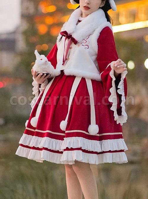 Chinese-Style-Red-Stand-Collar-Wide-Sleeves-Detachable-Pom-Bow-Knot-Square-Collar-Embroidered-Vest-Classic-Lolita-Long-Sleeve-Dress-Set-coscarnival-3250