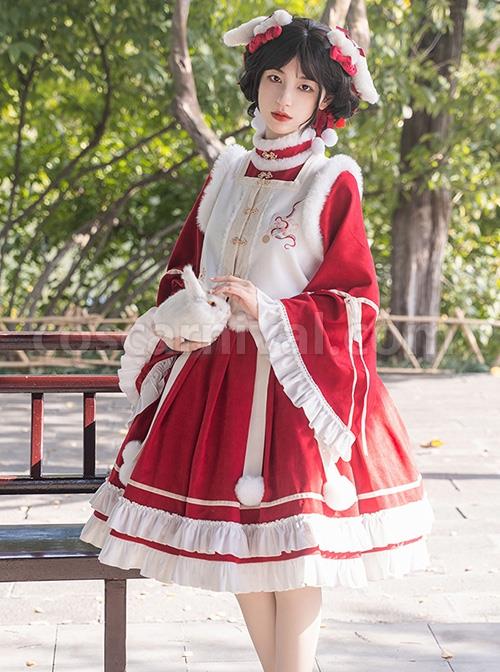Chinese-Style-Red-Stand-Collar-Wide-Sleeves-Detachable-Pom-Bow-Knot-Square-Collar-Embroidered-Vest-Classic-Lolita-Long-Sleeve-Dress-Set-coscarnival-3268