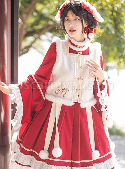 Chinese-Style-Red-Stand-Collar-Wide-Sleeves-Detachable-Pom-Bow-Knot-Square-Collar-Embroidered-Vest-Classic-Lolita-Long-Sleeve-Dress-Set-coscarnival-3275
