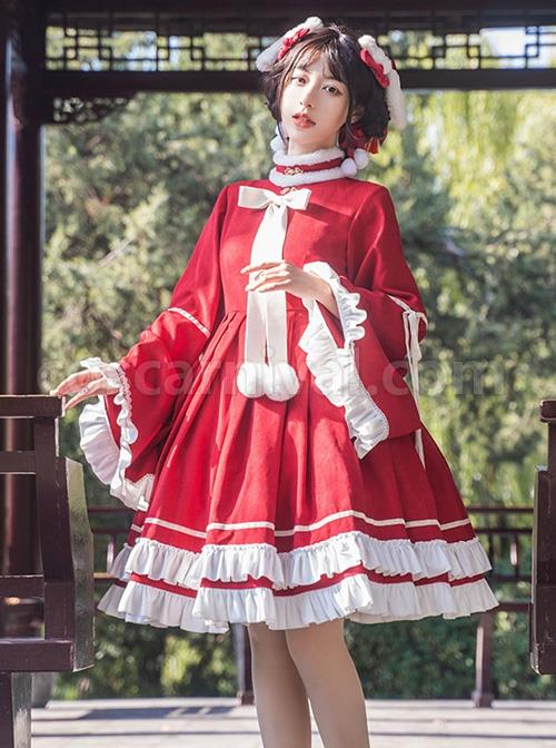 Chinese-Style-Red-Stand-Collar-Wide-Sleeves-Detachable-Pom-Bow-Knot-Square-Collar-Embroidered-Vest-Classic-Lolita-Long-Sleeve-Dress-Set-coscarnival-3284