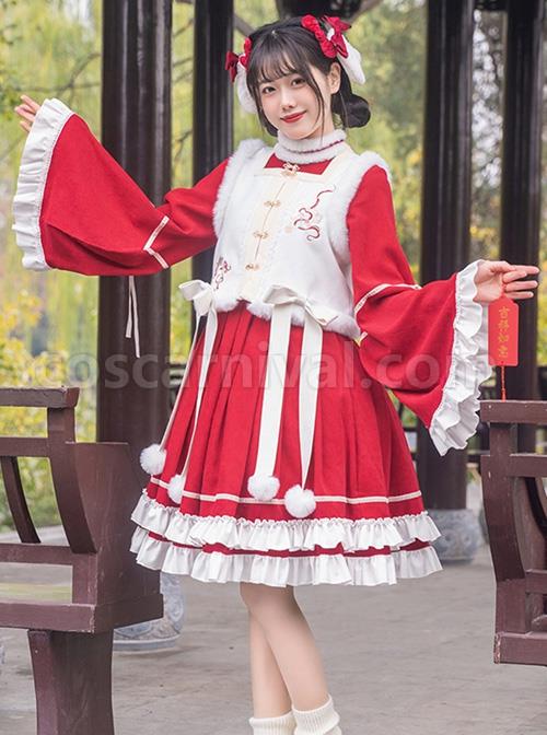 Chinese-Style-Red-Stand-Collar-Wide-Sleeves-Detachable-Pom-Bow-Knot-Square-Collar-Embroidered-Vest-Classic-Lolita-Long-Sleeve-Dress-Set-coscarnival-3291
