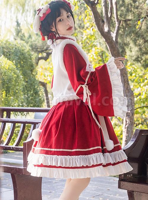 Chinese-Style-Red-Stand-Collar-Wide-Sleeves-Detachable-Pom-Bow-Knot-Square-Collar-Embroidered-Vest-Classic-Lolita-Long-Sleeve-Dress-Set-coscarnival-3297