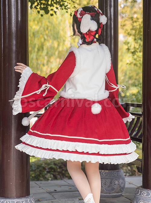 Chinese-Style-Red-Stand-Collar-Wide-Sleeves-Detachable-Pom-Bow-Knot-Square-Collar-Embroidered-Vest-Classic-Lolita-Long-Sleeve-Dress-Set-coscarnival-3301
