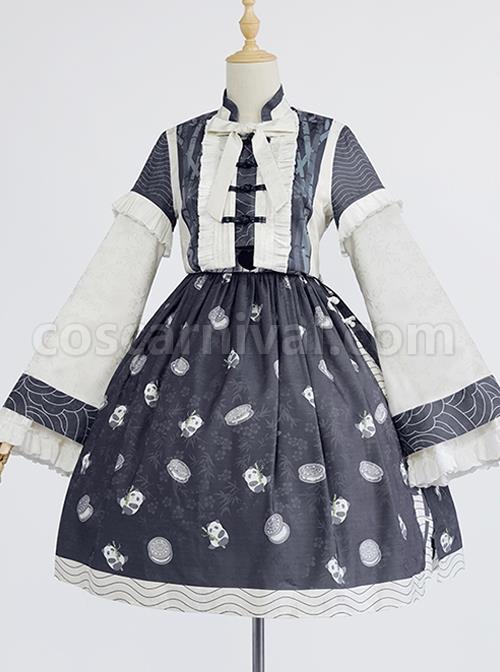 Chinese-Style-Ruffles-Small-Trumpet-Sleeves-Long-Sleeved-Short-Coat-Panda-Sandwich-Biscuit-Print-Classic-Lolita-Sleeveless-Dress-Set-coscarnival-3264