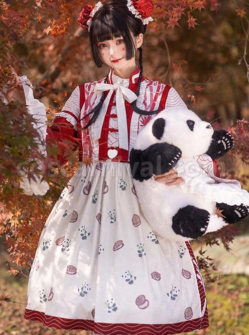 Chinese-Style-Ruffles-Small-Trumpet-Sleeves-Long-Sleeved-Short-Coat-Panda-Sandwich-Biscuit-Print-Classic-Lolita-Sleeveless-Dress-Set-coscarnival-3302