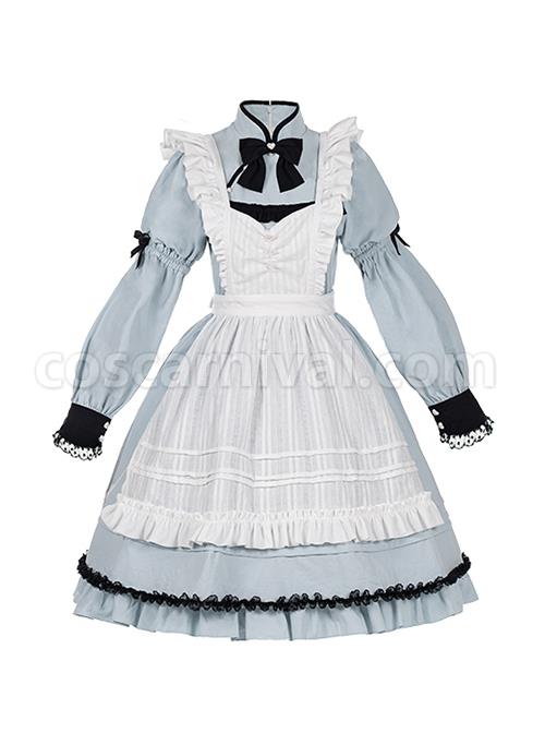 Chinese-Style-Stand-Collar-Bow-Knot-Decoration-White-Pure-Cotton-Apron-Black-Lace-Embellishment-Classic-Lolita-Long-Sleeved-Dress-coscarnival-3244