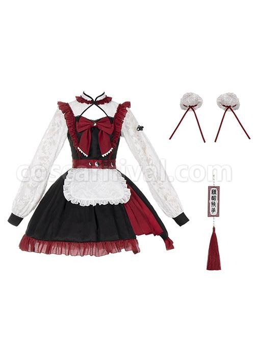 Chinese-Style-Stand-Collar-Hollow-Black-Red-Asymmetric-Hem-Design-Lace-Puff-Sleeves-Bowknot-Decoration-Classic-Lolita-Long-Sleeve-Dress-coscarnival-3242