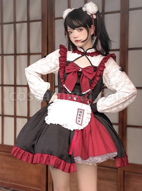 Chinese-Style-Stand-Collar-Hollow-Black-Red-Asymmetric-Hem-Design-Lace-Puff-Sleeves-Bowknot-Decoration-Classic-Lolita-Long-Sleeve-Dress-coscarnival-3251