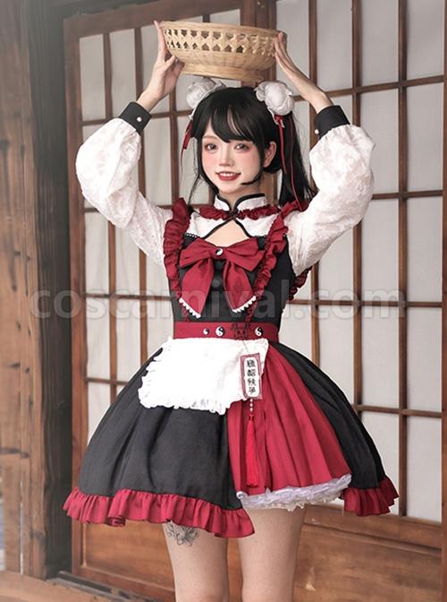 Chinese-Style-Stand-Collar-Hollow-Black-Red-Asymmetric-Hem-Design-Lace-Puff-Sleeves-Bowknot-Decoration-Classic-Lolita-Long-Sleeve-Dress-coscarnival-3262