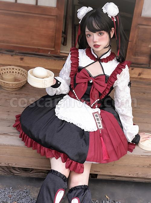 Chinese-Style-Stand-Collar-Hollow-Black-Red-Asymmetric-Hem-Design-Lace-Puff-Sleeves-Bowknot-Decoration-Classic-Lolita-Long-Sleeve-Dress-coscarnival-3271