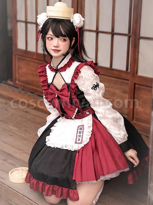Chinese-Style-Stand-Collar-Hollow-Black-Red-Asymmetric-Hem-Design-Lace-Puff-Sleeves-Bowknot-Decoration-Classic-Lolita-Long-Sleeve-Dress-coscarnival-3281