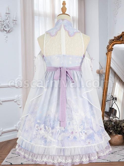 Chinoiserie-Purple-Stand-Collar-Lace-Bead-Chain-Bow-Fringe-Design-Swan-Castle-Print-Classic-Lolita-Sleeveless-Dress-coscarnival-1380
