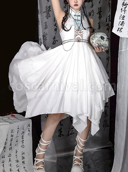 Chinoiserie-Stand-Collar-Shoulder-Cutout-Metal-Waist-Chain-Print-White-Irregular-Hem-Classic-Lolita-Sleeveless-Dress-coscarnival-3225