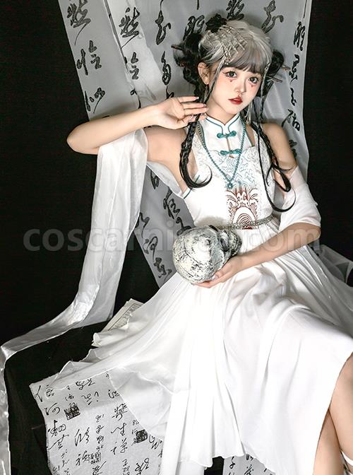 Chinoiserie-Stand-Collar-Shoulder-Cutout-Metal-Waist-Chain-Print-White-Irregular-Hem-Classic-Lolita-Sleeveless-Dress-coscarnival-3245