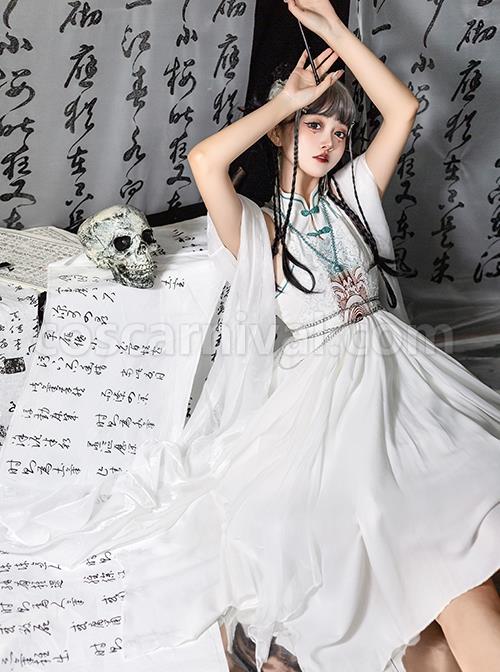 Chinoiserie-Stand-Collar-Shoulder-Cutout-Metal-Waist-Chain-Print-White-Irregular-Hem-Classic-Lolita-Sleeveless-Dress-coscarnival-3248