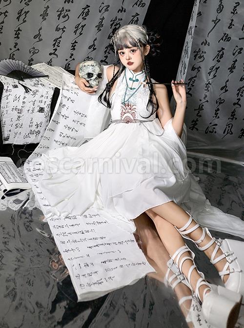 Chinoiserie-Stand-Collar-Shoulder-Cutout-Metal-Waist-Chain-Print-White-Irregular-Hem-Classic-Lolita-Sleeveless-Dress-coscarnival-3259