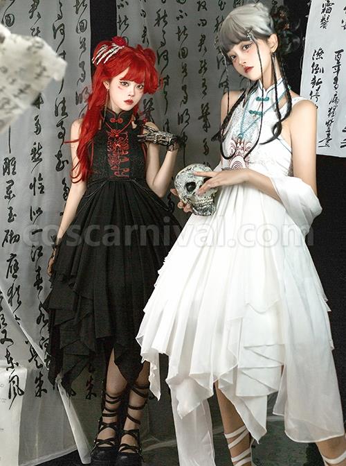 Chinoiserie-Stand-Collar-Shoulder-Cutout-Metal-Waist-Chain-Print-White-Irregular-Hem-Classic-Lolita-Sleeveless-Dress-coscarnival-3267