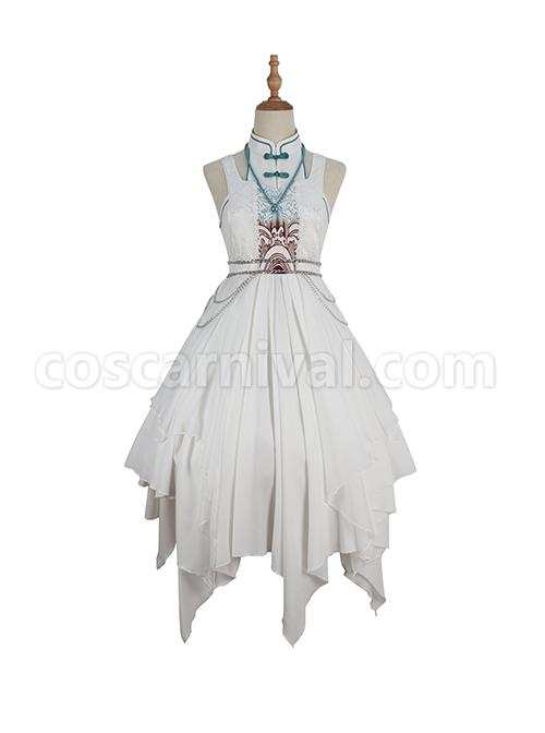 Chinoiserie-Stand-Collar-Shoulder-Cutout-Metal-Waist-Chain-Print-White-Irregular-Hem-Classic-Lolita-Sleeveless-Dress-coscarnival-3273