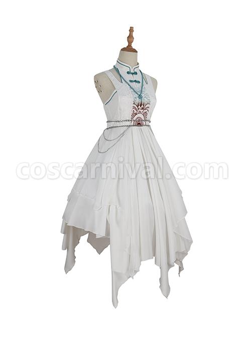 Chinoiserie-Stand-Collar-Shoulder-Cutout-Metal-Waist-Chain-Print-White-Irregular-Hem-Classic-Lolita-Sleeveless-Dress-coscarnival-3288