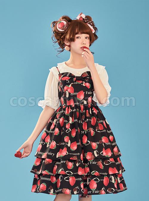 Choco-Strawberry-Printed-Three-layer-Hem-Big-Bowknot-Classic-Lolita-Sling-Dress-coscarnival-4736