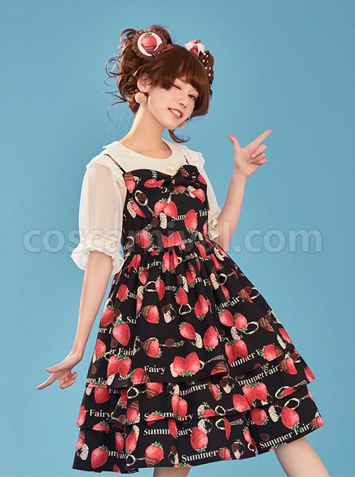 Choco-Strawberry-Printed-Three-layer-Hem-Big-Bowknot-Classic-Lolita-Sling-Dress-coscarnival-4751