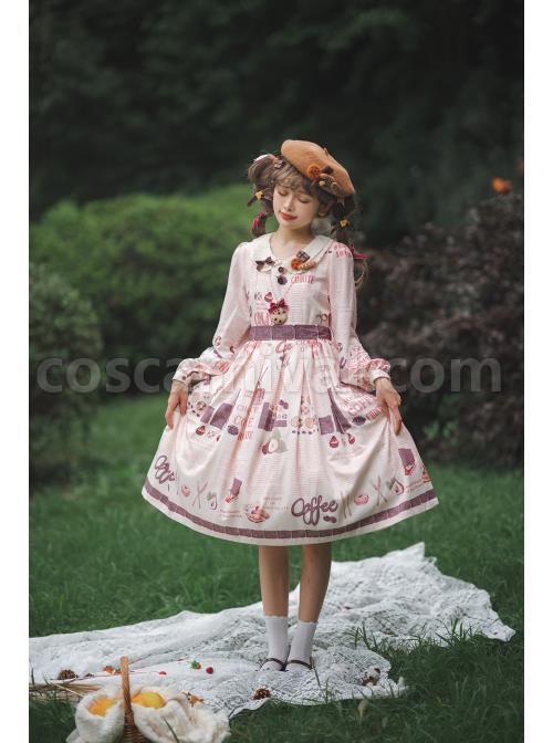 Chocolate-Candy-Print-Decoration-Letter-Print-Doll-Neckline-High-Waist-Belt-A-Version-Classic-Lolita-Long-Sleeve-Dress-coscarnival-3236