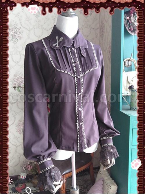 Chocolate Sauce Series Embroidery Dark Brown Long Sleeve Classic Lolita Shirt coscarnival