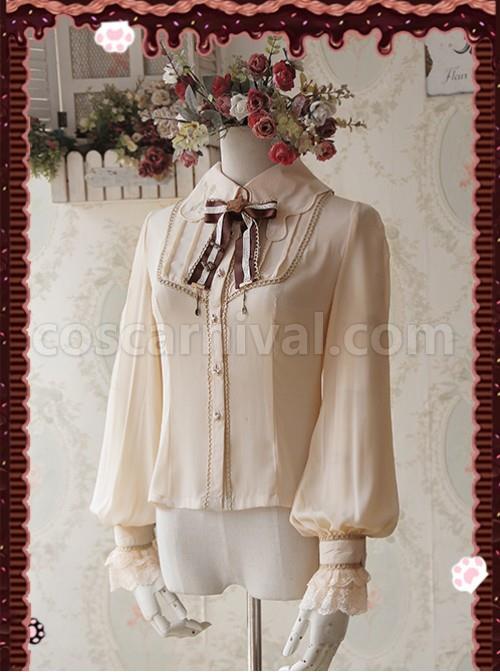 Chocolate Sauce Series Embroidery Khaki Long Sleeve Classic Lolita Shirt coscarnival