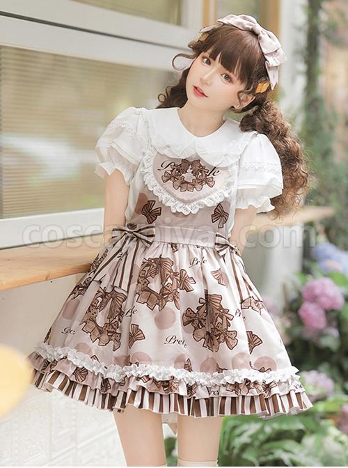 Chocolate-Wreath-Series-Brown-Bow-Knots-Print-Pattern-Decoration-Pleated-Lace-Doll-Neckline-Classic-Lolita-Strap-Dress-coscarnival-3212