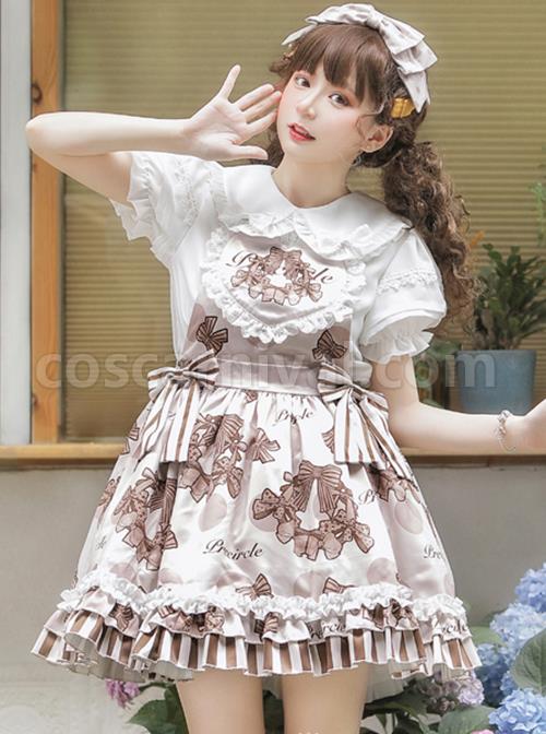 Chocolate-Wreath-Series-Brown-Bow-Knots-Print-Pattern-Decoration-Pleated-Lace-Doll-Neckline-Classic-Lolita-Strap-Dress-coscarnival-3224