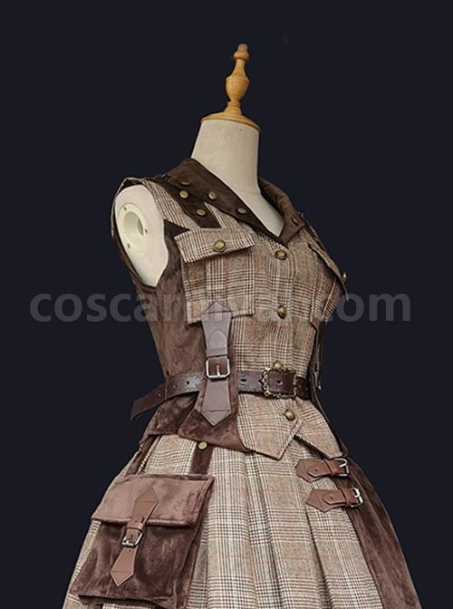 Classic British Style Plaid Trim Metal Buckle Pocket Decoration Lapel Classic Lolita Sleeveless Vest coscarnival