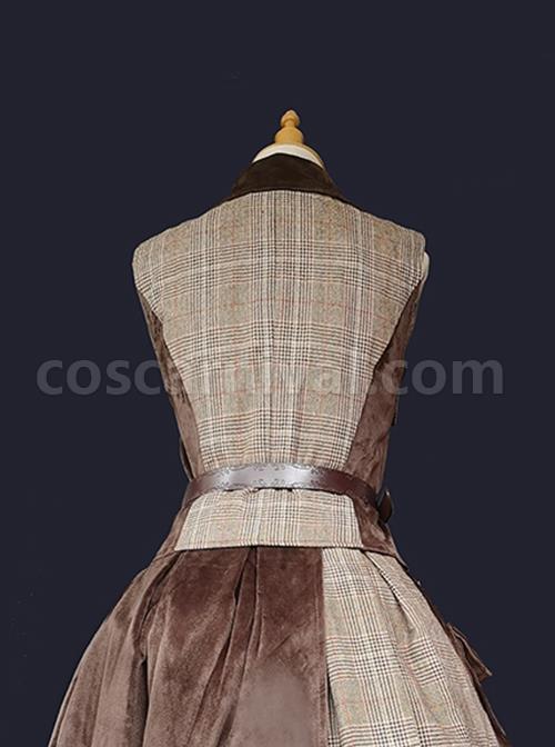 Classic British Style Plaid Trim Metal Buckle Pocket Decoration Lapel Classic Lolita Sleeveless Vest coscarnival