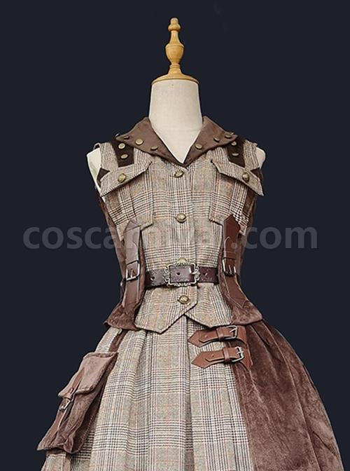 Classic British Style Plaid Trim Metal Buckle Pocket Decoration Lapel Classic Lolita Sleeveless Vest coscarnival
