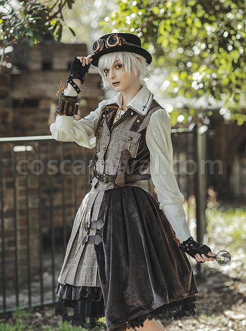 Classic British Style Plaid Trim Metal Buckle Pocket Decoration Lapel Classic Lolita Sleeveless Vest coscarnival