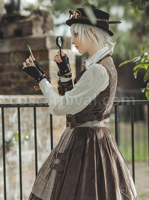 Classic British Style Plaid Trim Metal Buckle Pocket Decoration Lapel Classic Lolita Sleeveless Vest coscarnival